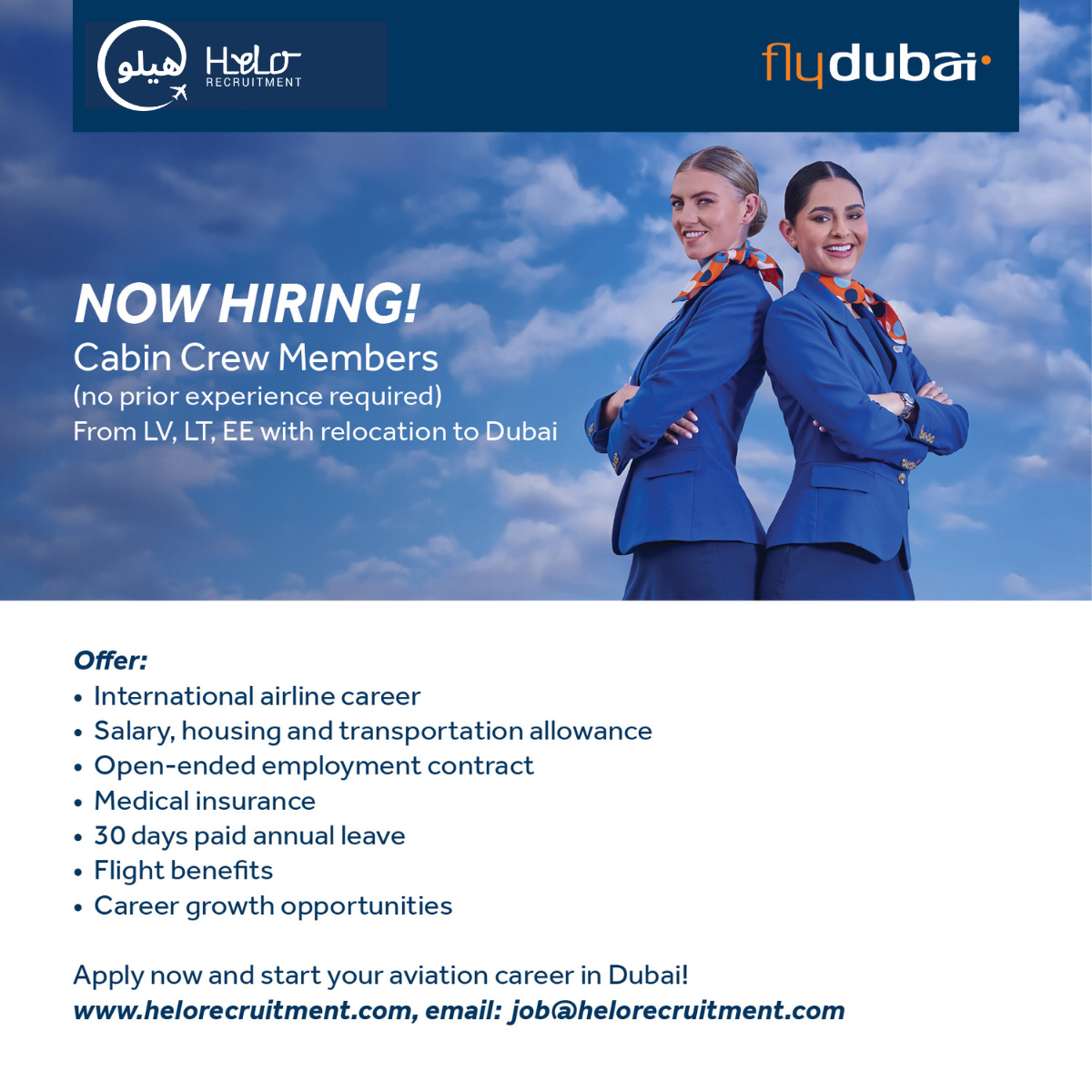 Hiring Cabin Crew Members with Relocation to Dubai