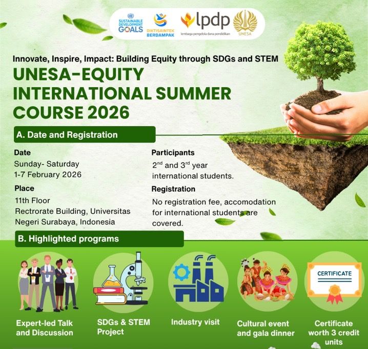 Equity International Summer Course 2026 "Innovate, Inspire, Impact: Building Equity through SDGs and STEM" organised by Universitas Negeri Surabaya (UNESA) in Indonesia